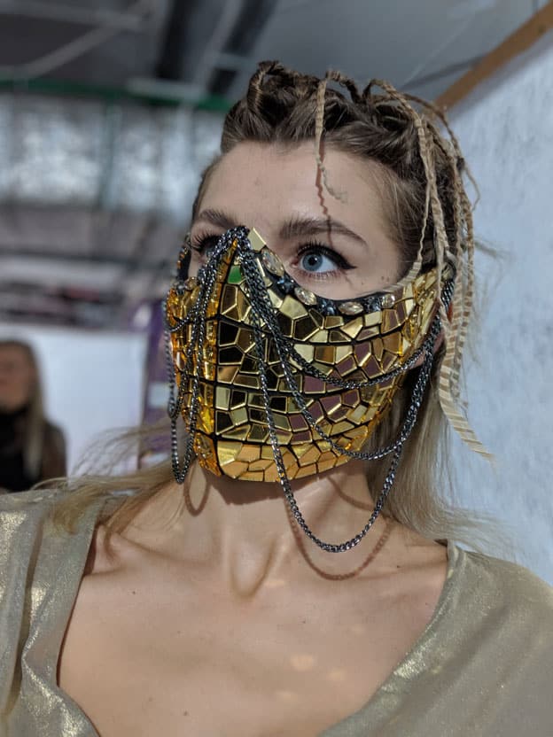 Festival wear gold disco ball glitter sparkly mirror mask with chains and gems