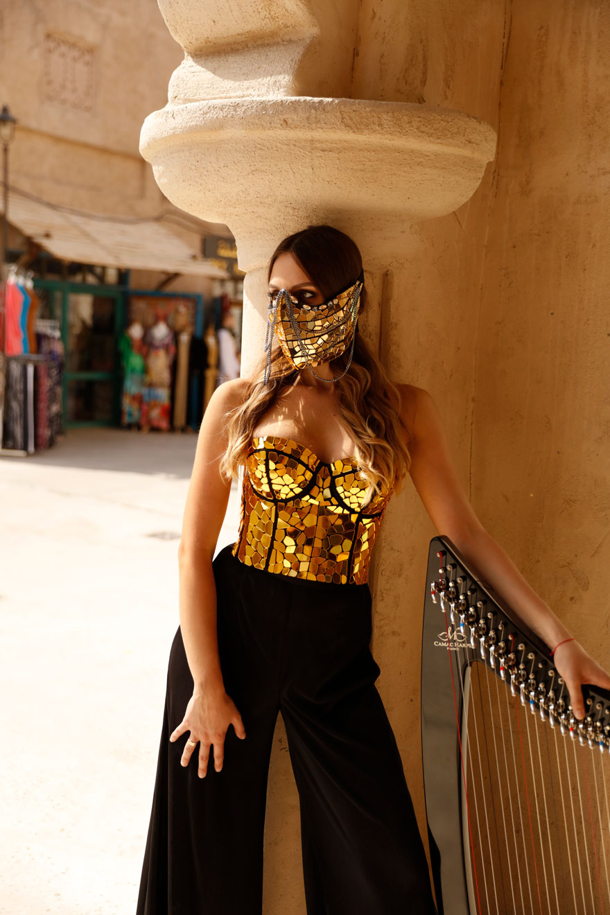Festival wear gold disco ball glitter sparkly mirror mask with chains and gems