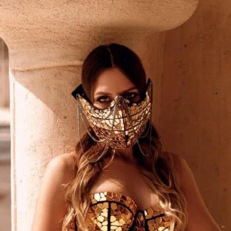 Festival wear gold disco ball glitter sparkly mirror mask with chains and gems