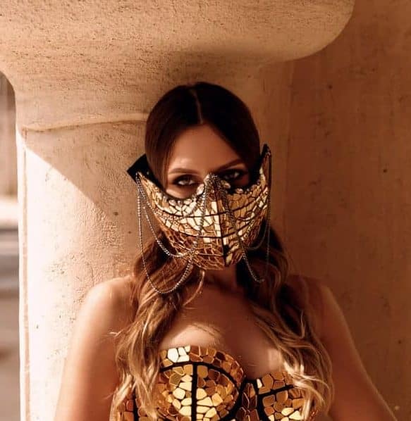 Festival wear gold disco ball glitter sparkly mirror mask with chains and gems