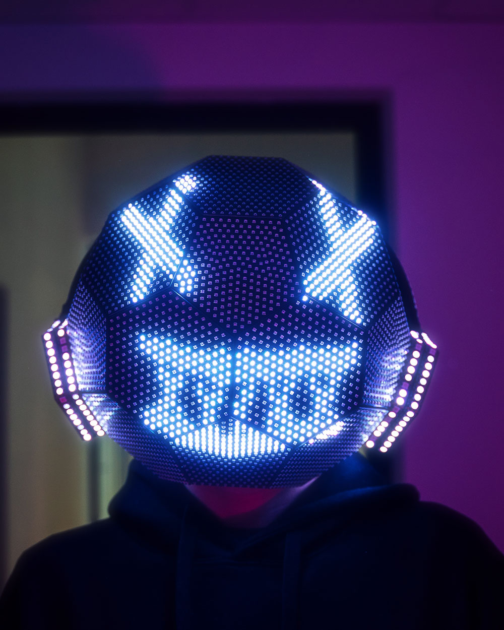 Dense Programmable LED light up DJ helmet in the shape of a dodecahedron H102